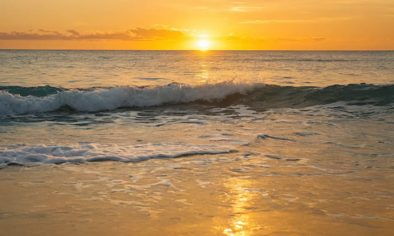 Océano azul con vida y atardecer dorado