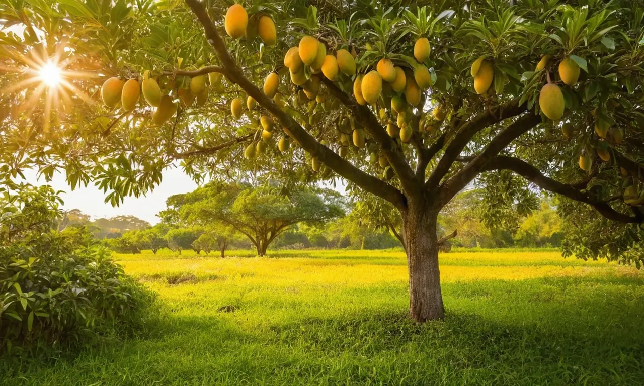 Mangoes en un bello huerto soleado