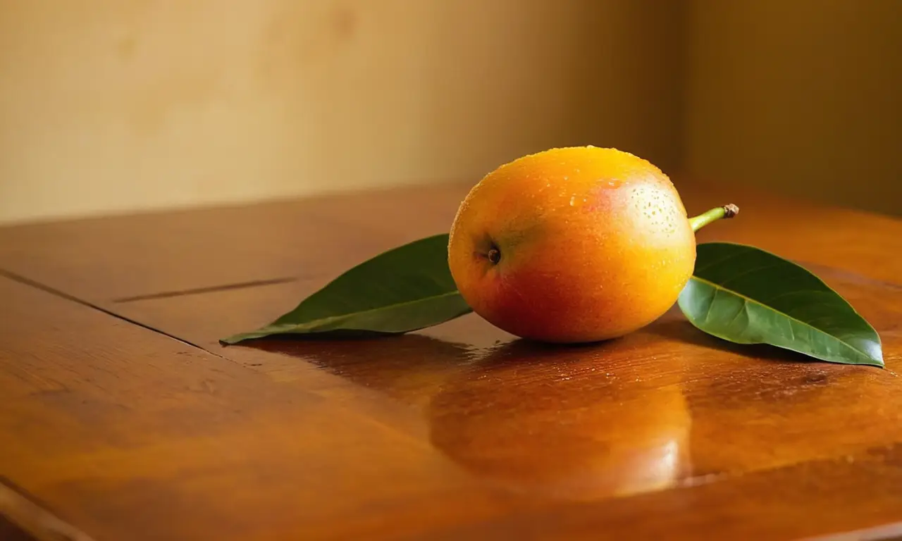 Mango resplandeciente sobre mesa de madera