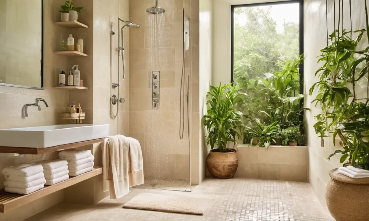 Baño moderno con luz cálida y plantas