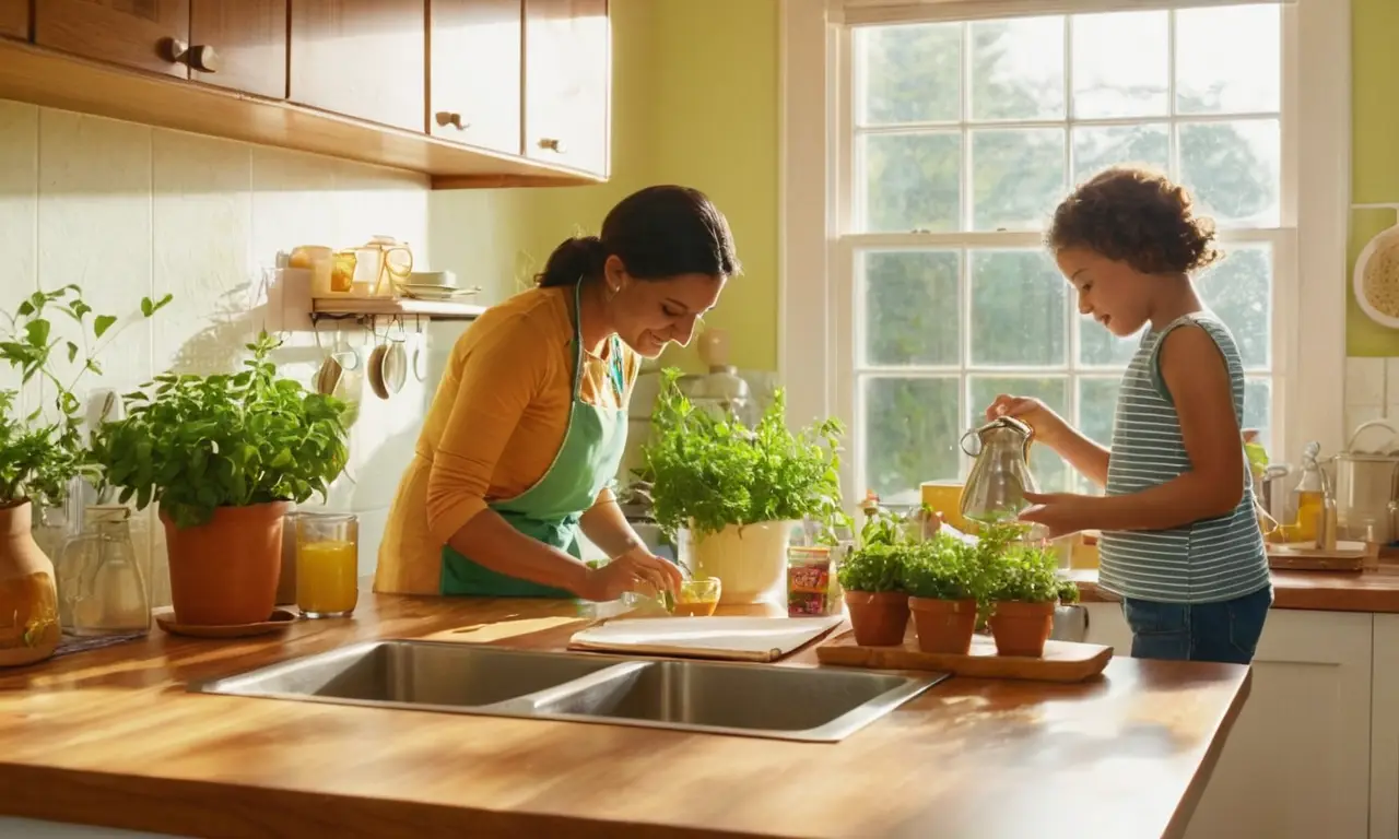 Familia en cocina discutiendo conservación de agua