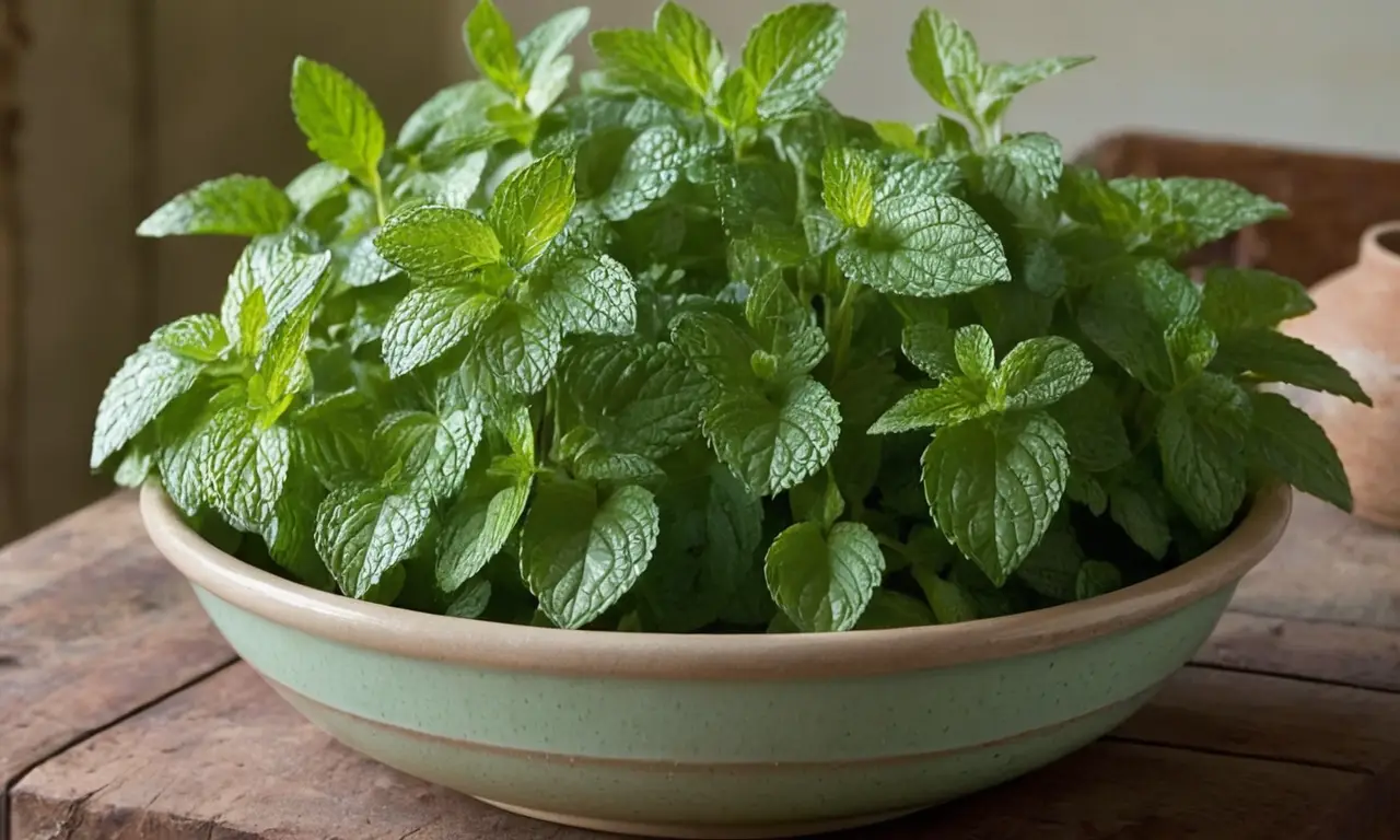 Hojas de menta frescas en un tazón