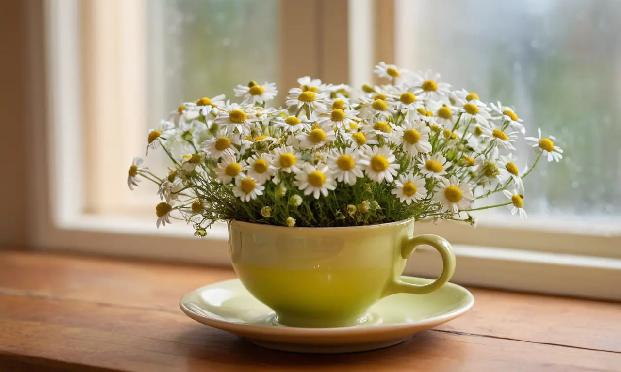 Taza de porcelana con té de manzanilla