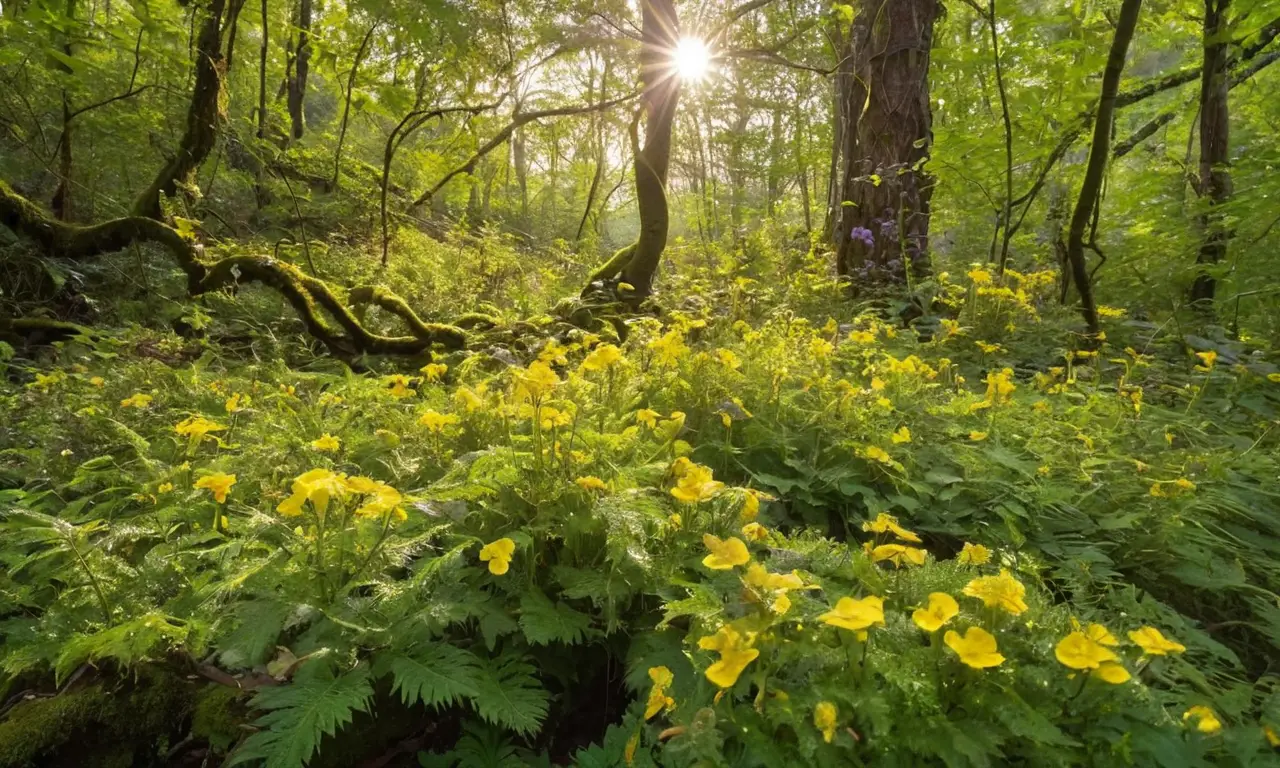 Selva vibrante con plantas parasitarias y luz