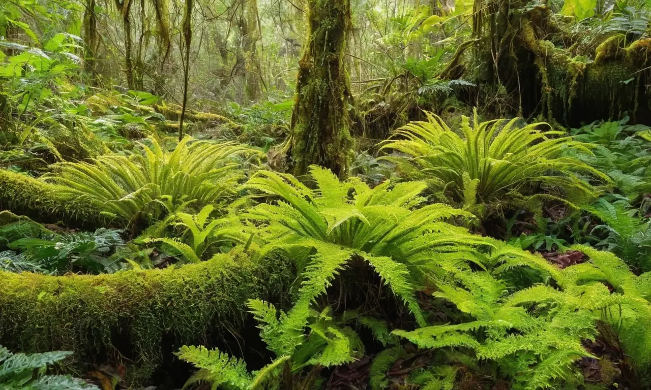 Bosque denso con vida y luz filtrante