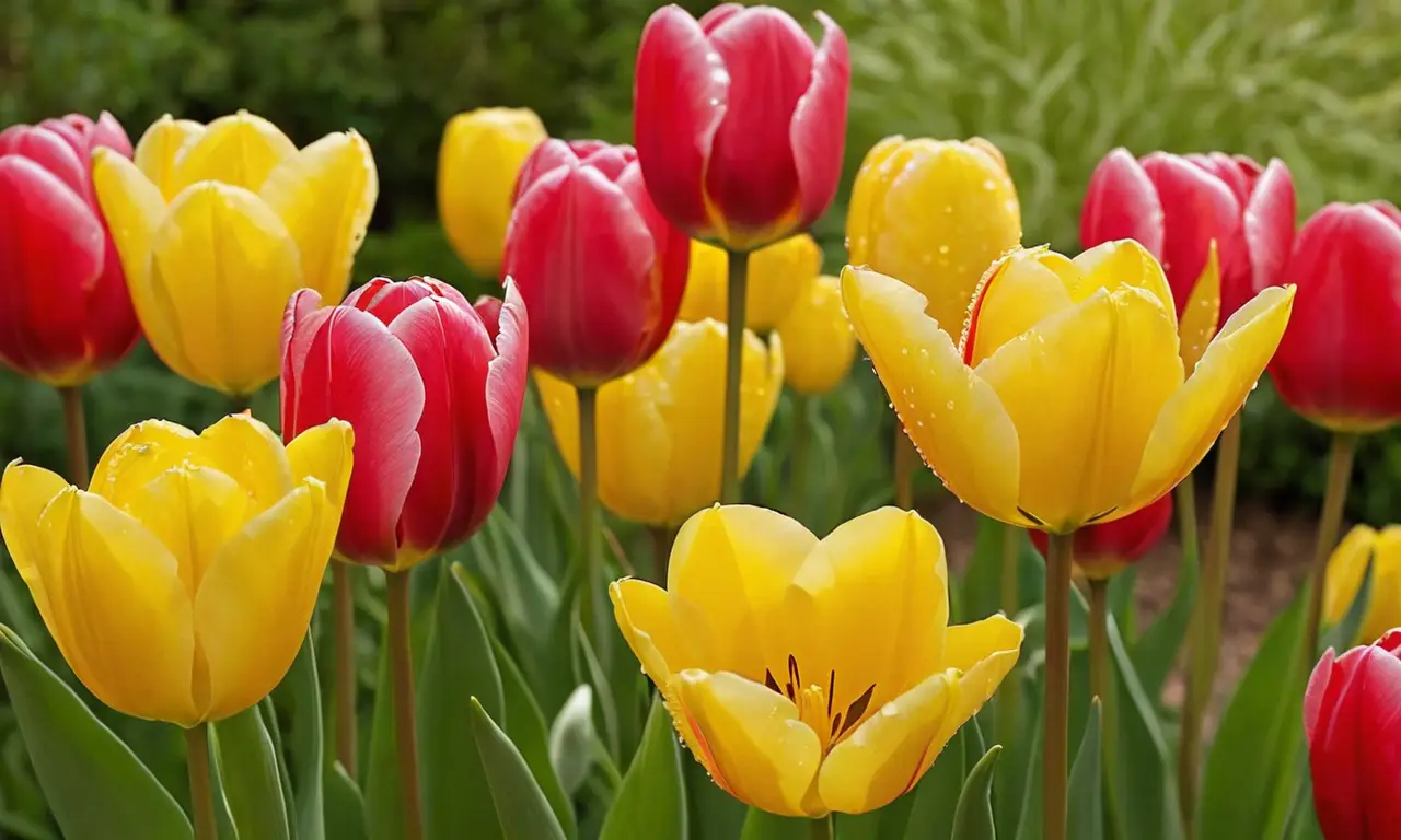 Tulipanes vibrantes destacan en jardín radiante
