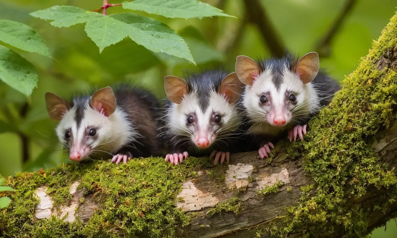 Familia de zarigüeyas descansando en el bosque