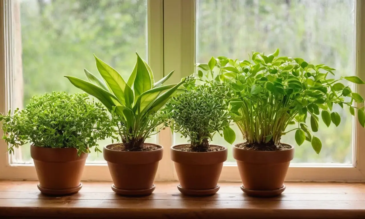 Plantas verdes en mesa de madera iluminada