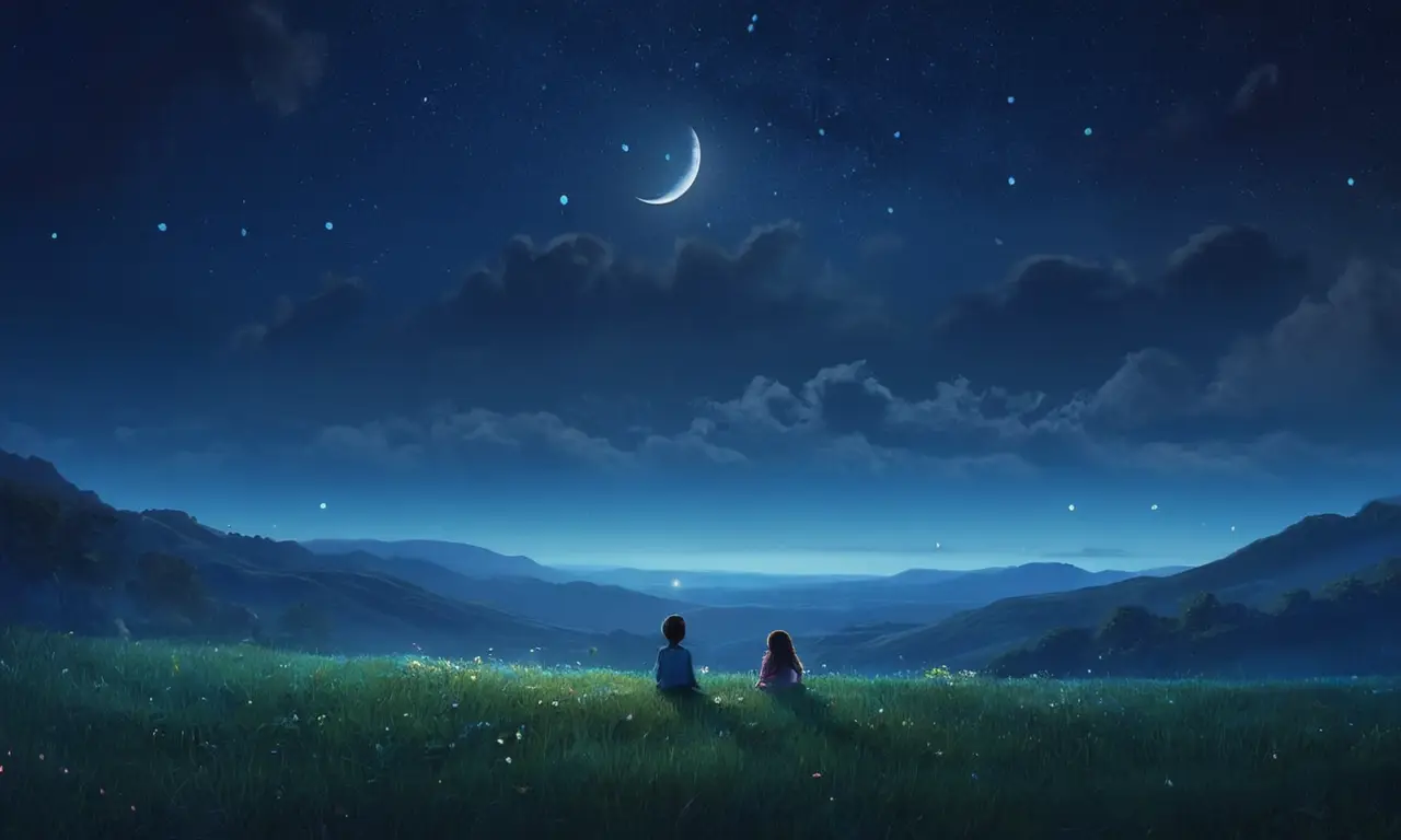 Noche serena con niños admirando la luna