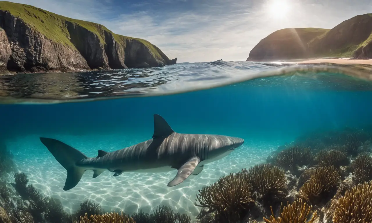 Escena marina tranquila con un tiburón