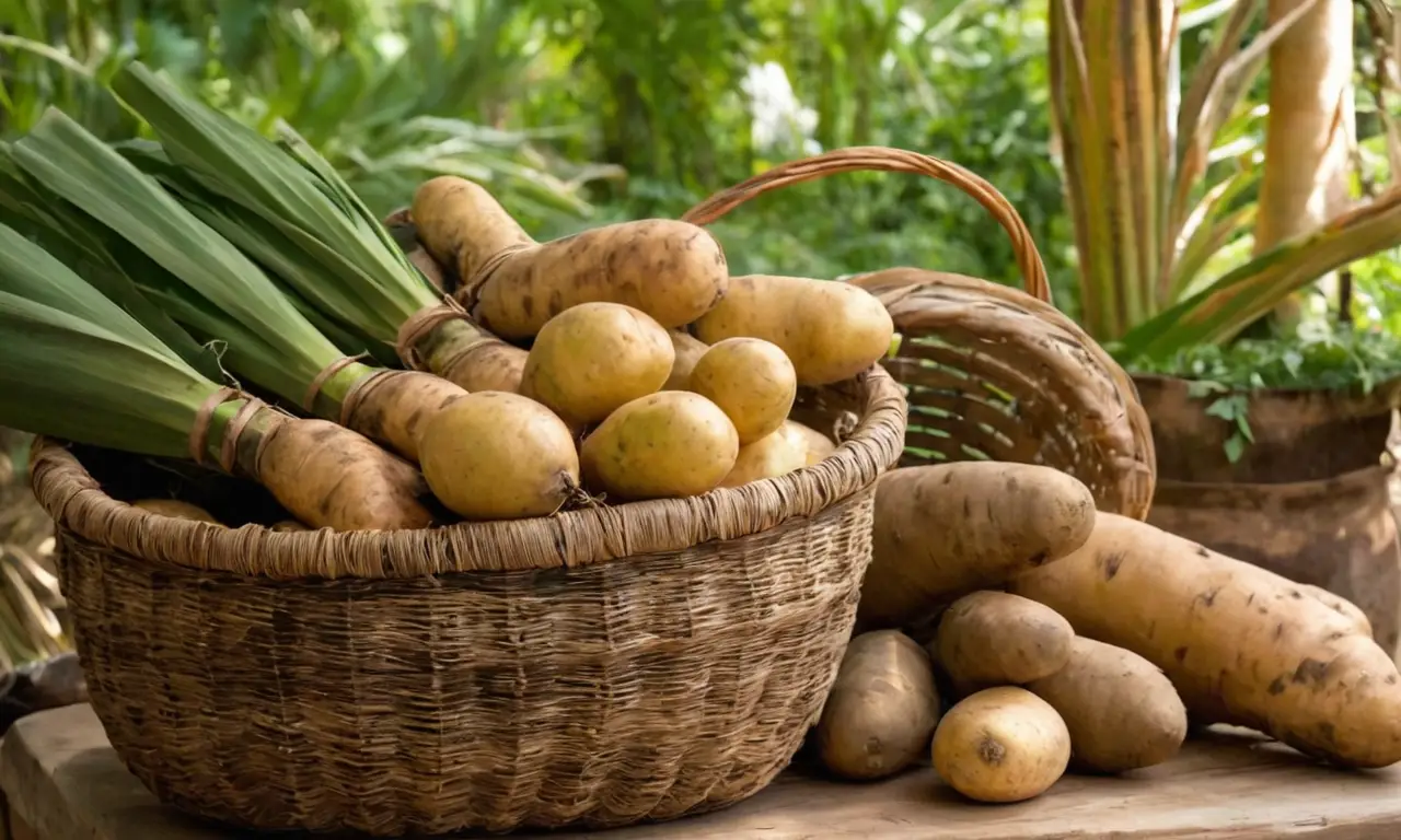 Mesa rústica con yuca y papa ecuatoriana