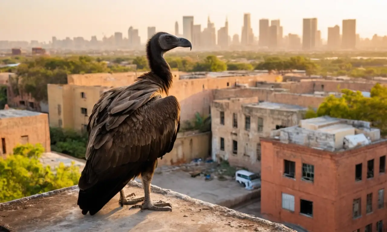 Un buitre contempla la ciudad desde un tejado