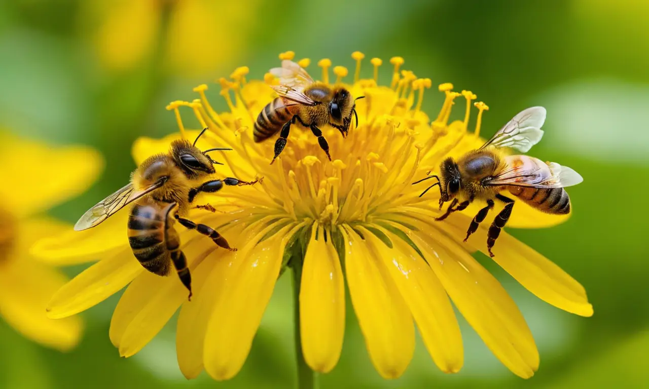 Abejas polinizando en flor amarilla iluminada