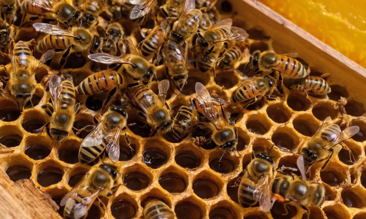 Colonia de abejas en un panal detallado
