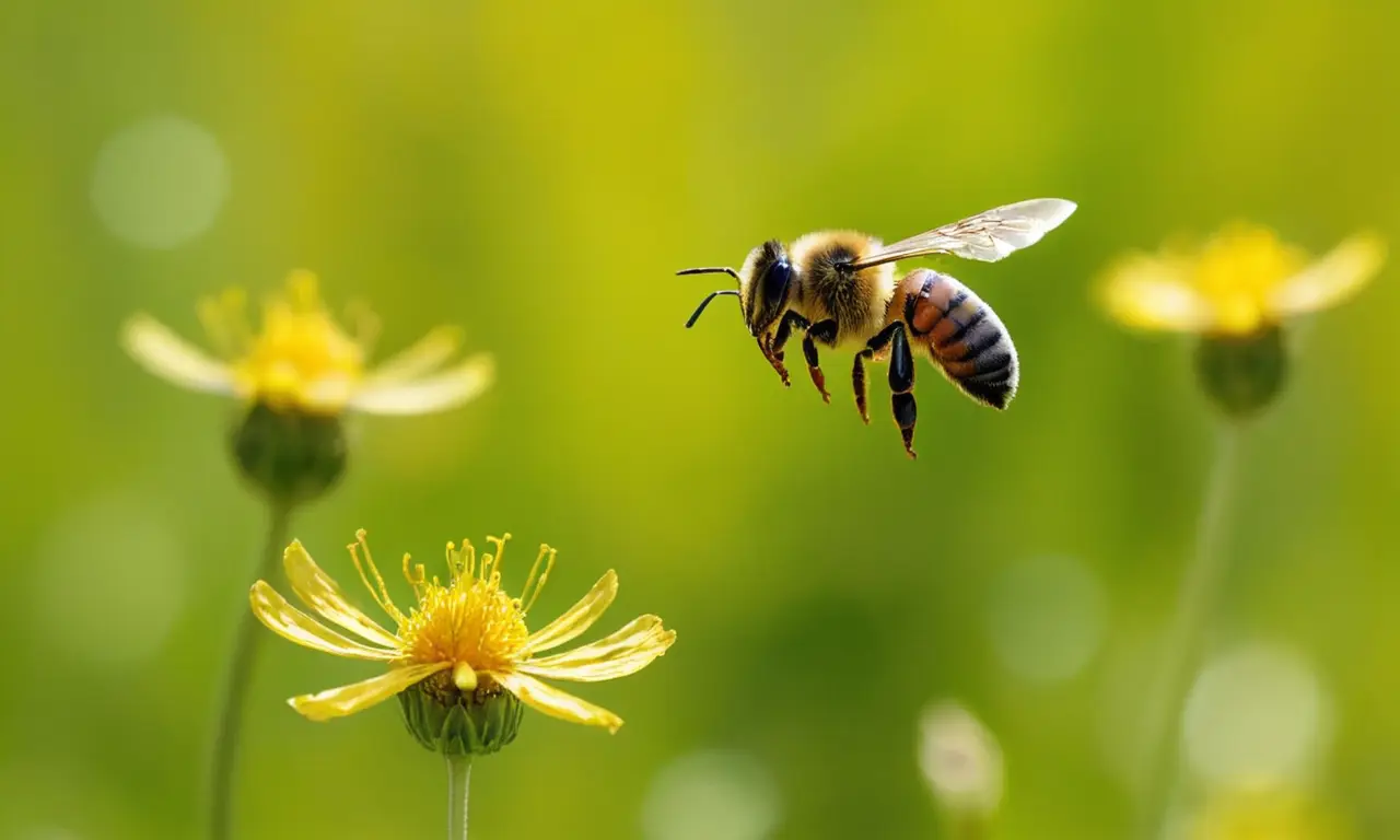 Abeja en movimiento bajo luz cálida