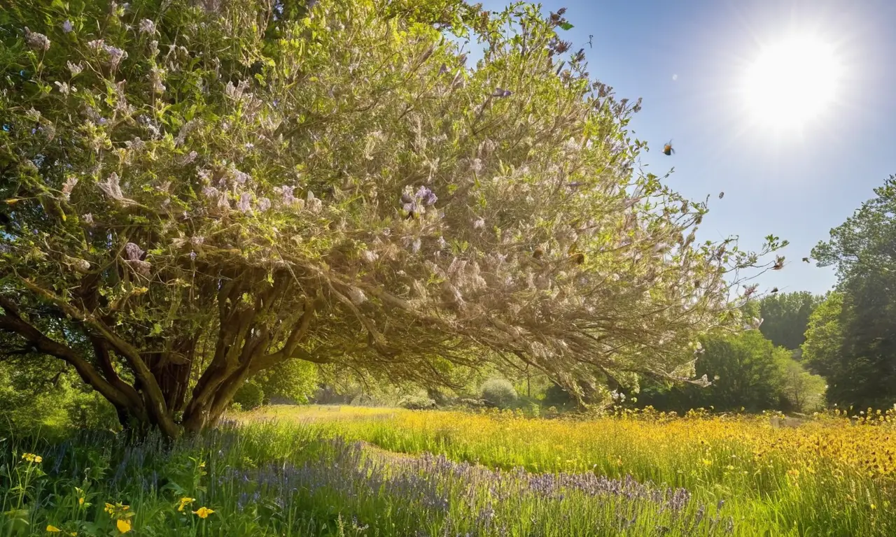 Pradera soleada con flores y abejas