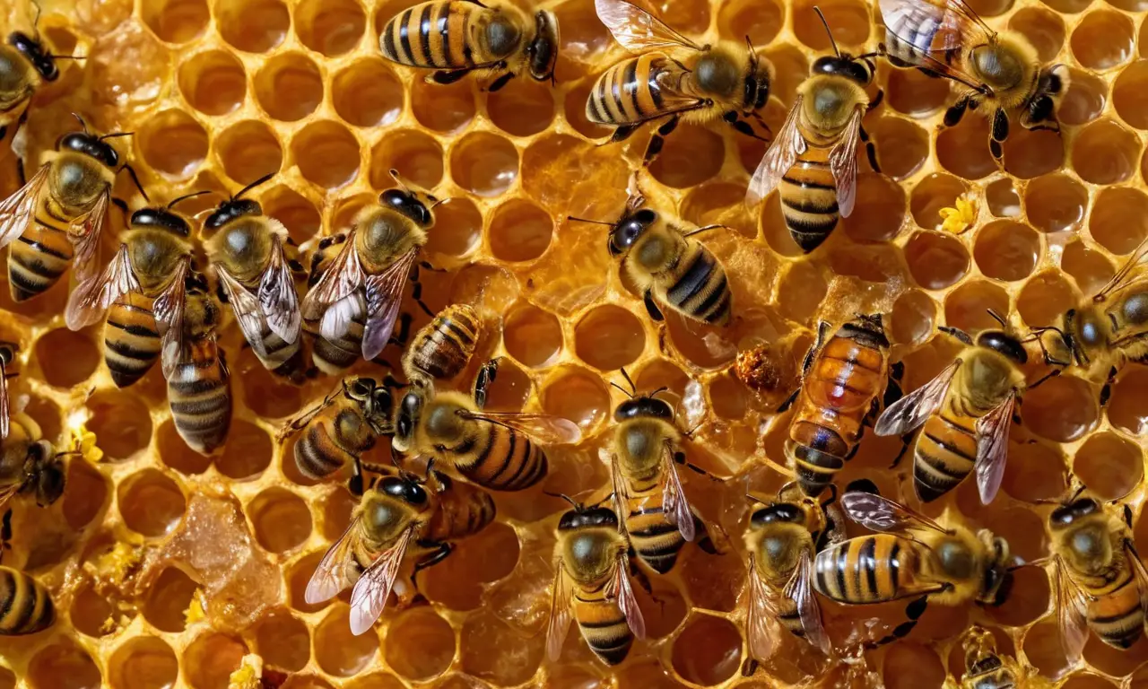 Colmena vibrante con miel, flores y abejas