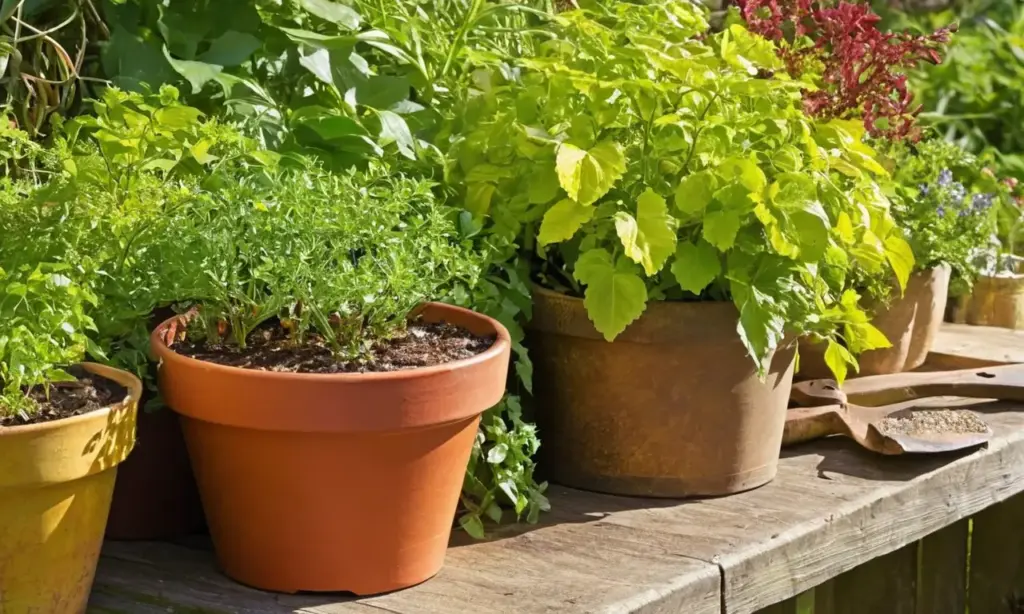 Mesa de jardinería con coloridos elementos naturales