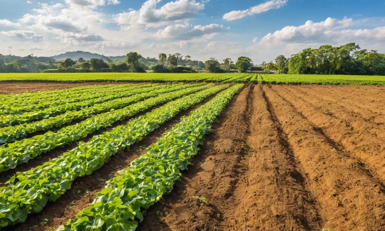 Campos verdes vibrantes con sol y vegetación