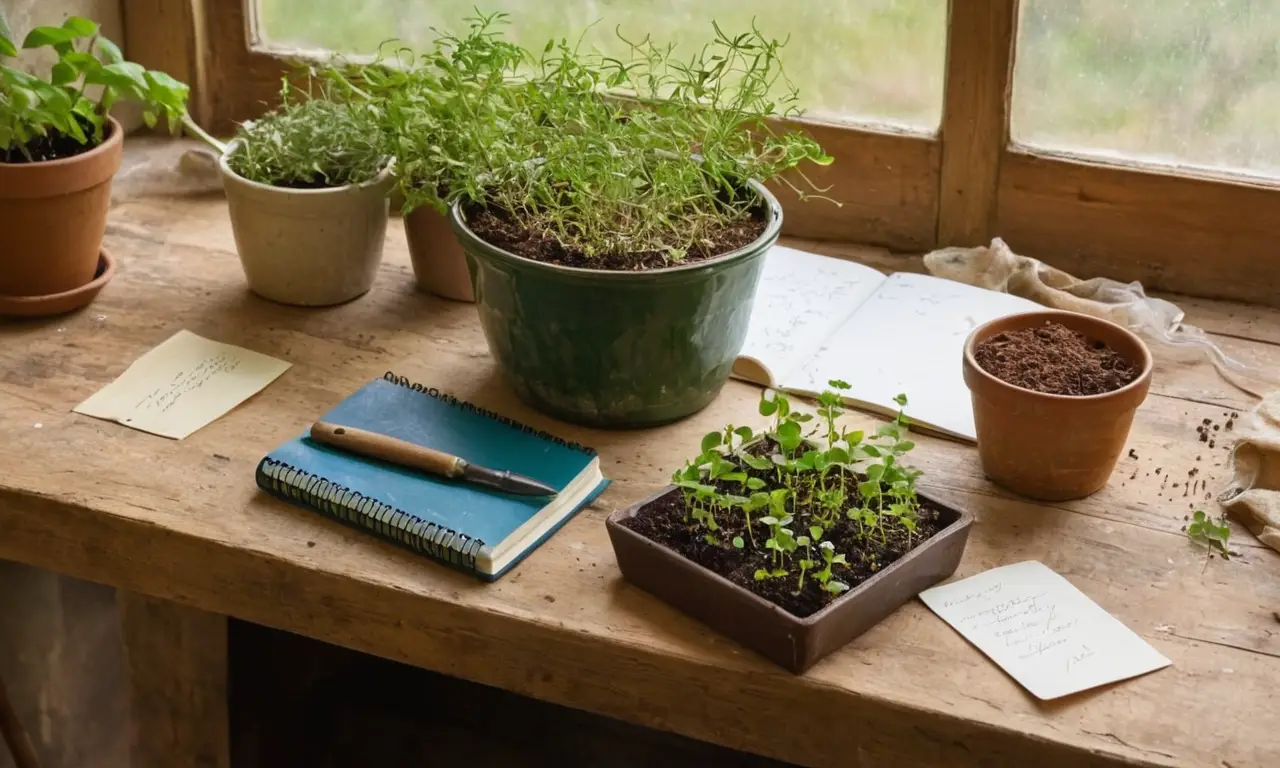 Banco de trabajo con fertilizantes y plantas
