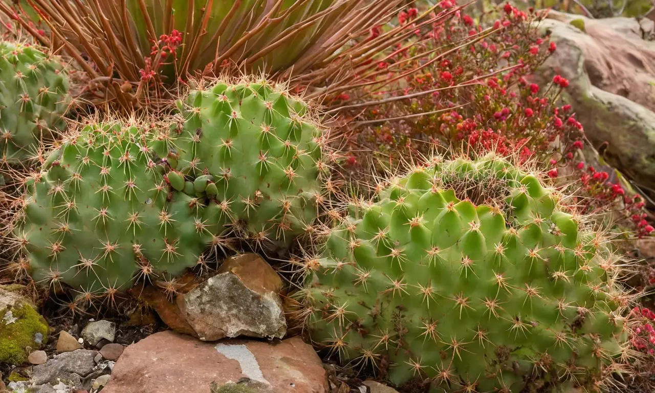 Paisaje vibrante con cactus y flora variada