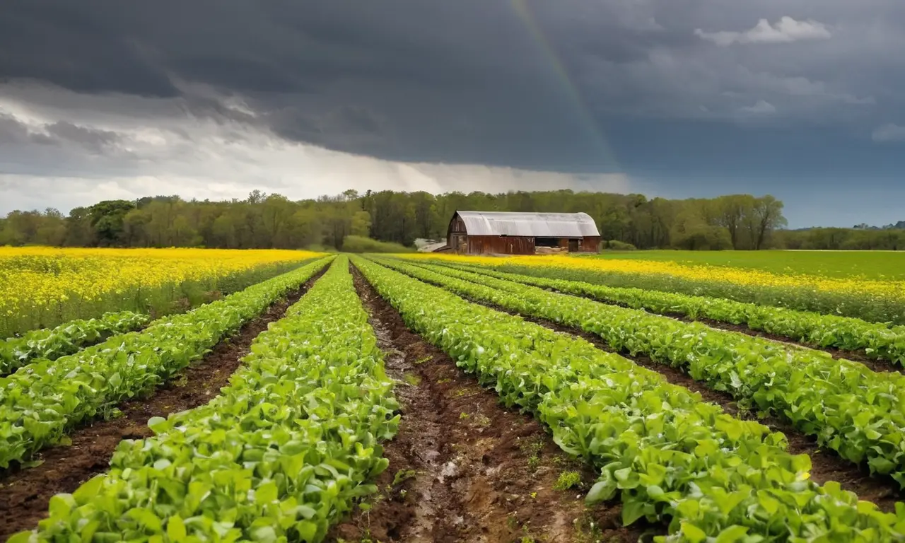 Campo agrícola vibrante bajo nubes amenazantes