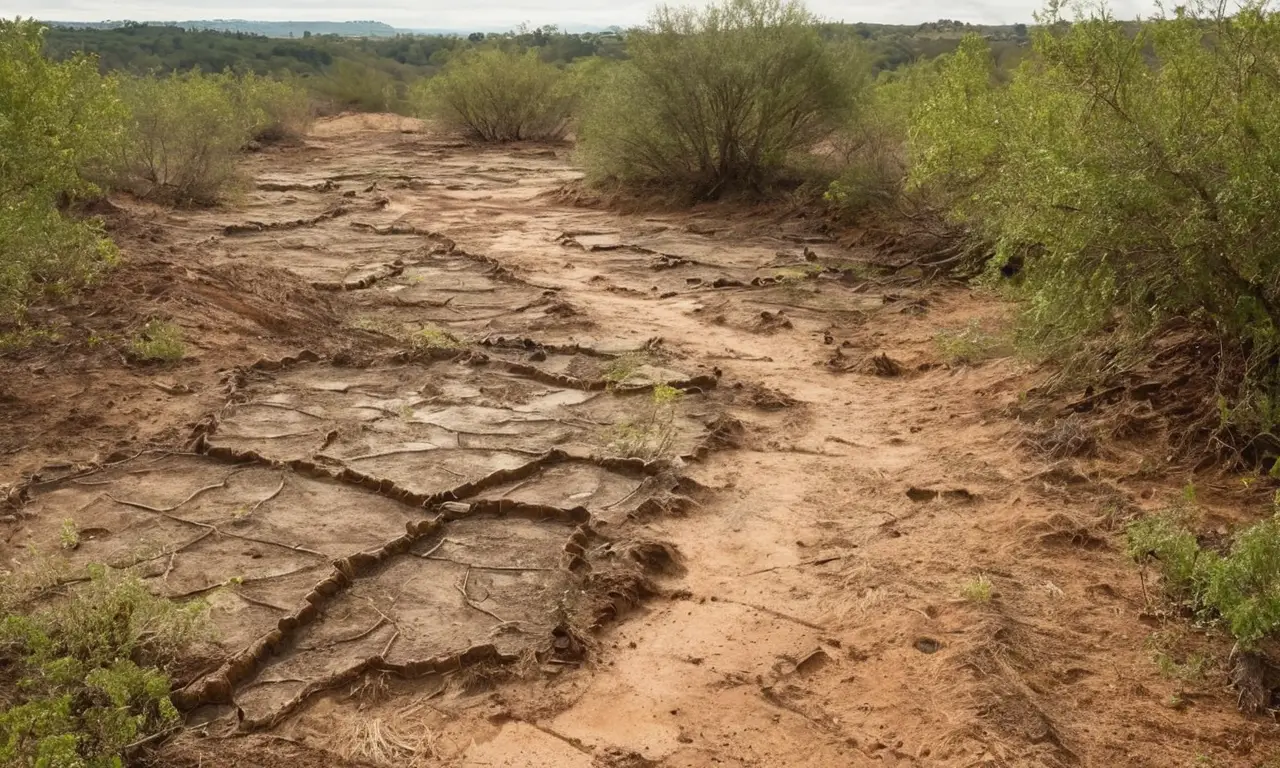 Paisaje árido con vegetación y restos humanos