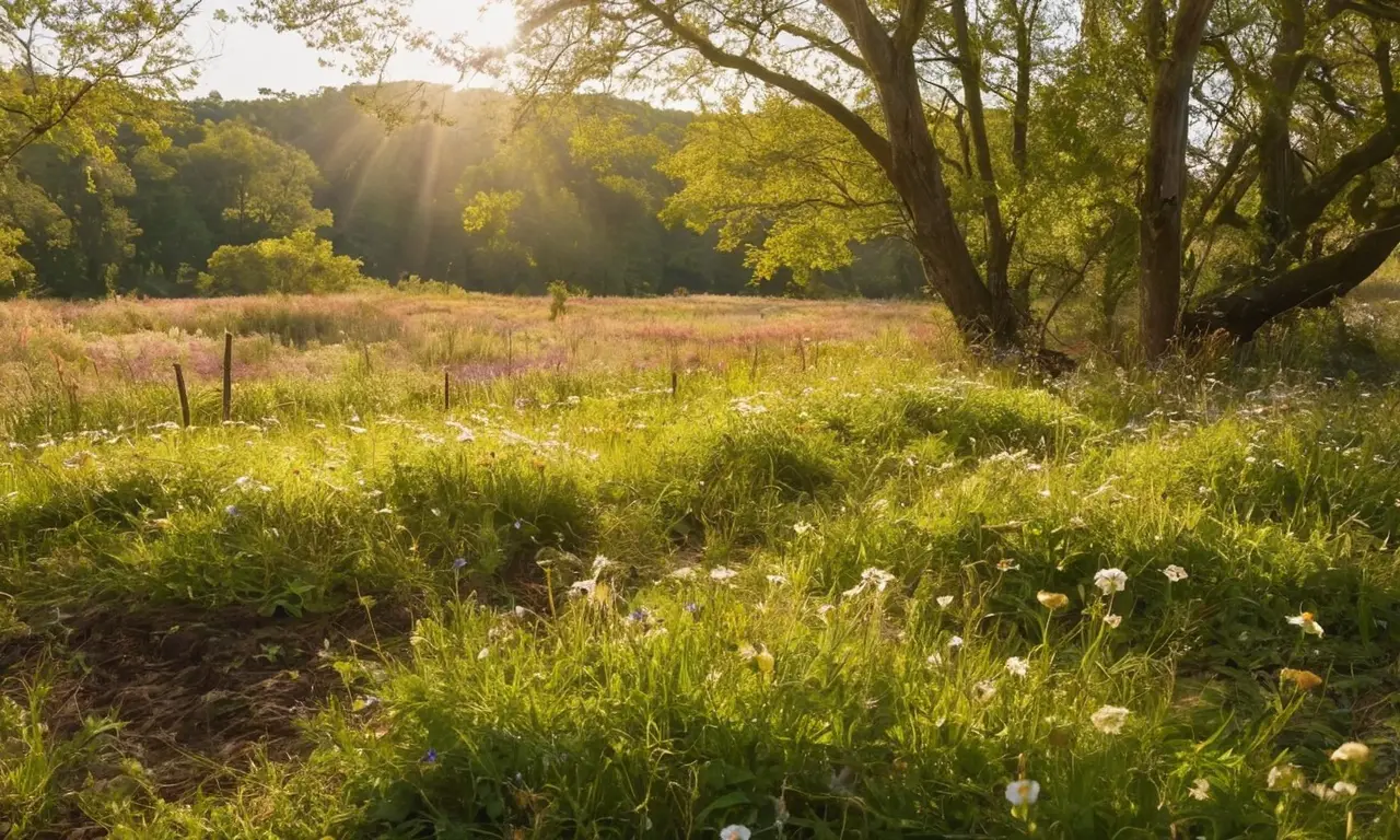 Campo brillante con naturaleza y contaminación