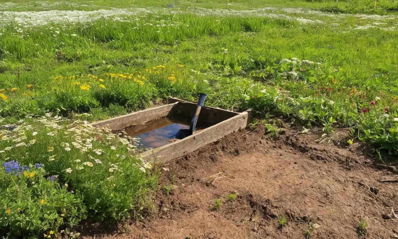 Paisaje soleado con naturaleza y herramientas agrícolas
