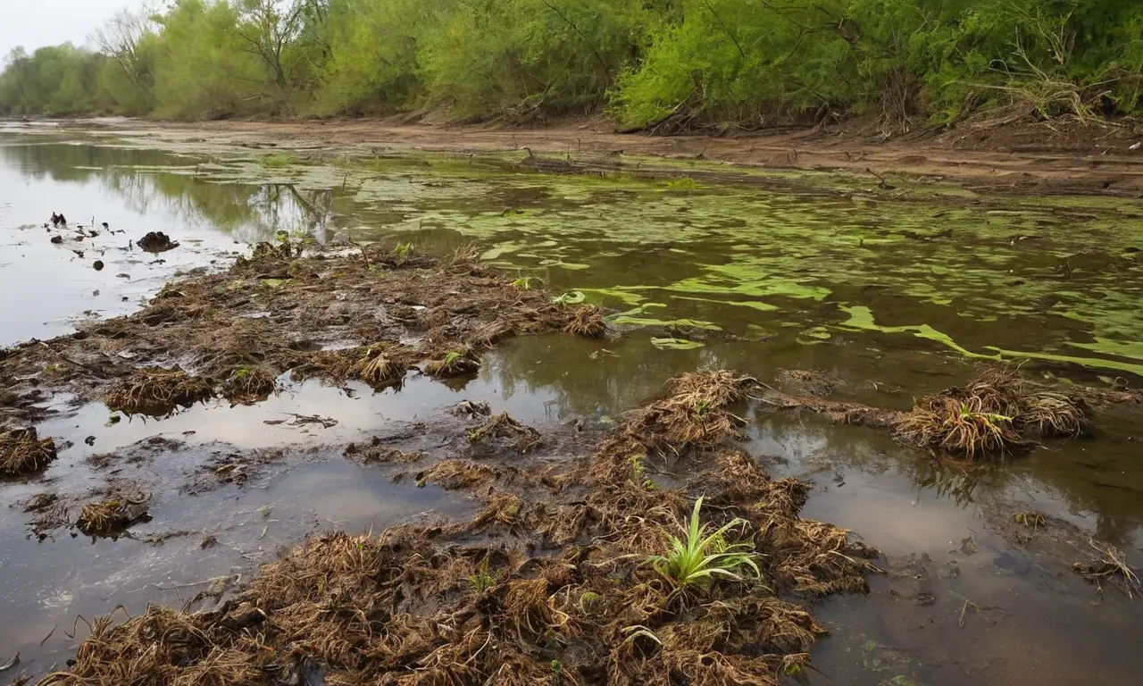 Río contaminado rodeado de un paisaje devastado