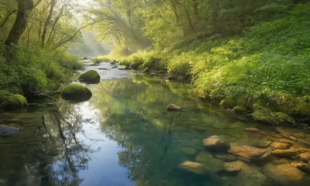 Paisaje sereno con río y naturaleza vibrante