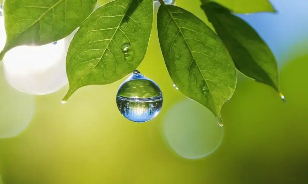 Gota de agua brilla entre hojas verdes