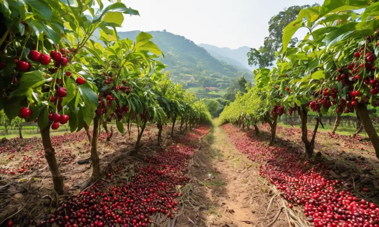 Plantación de café vibrante y trabajadores cosechando