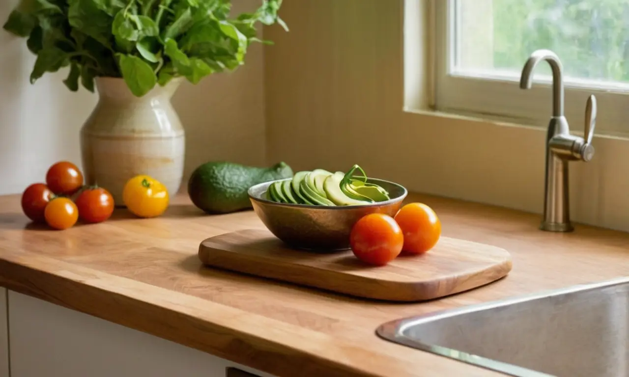 Cocina luminosa con ingredientes frescos y saludables