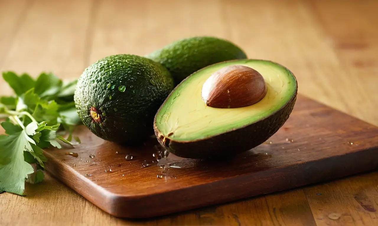 Aguacate maduro con cilantro en una tabla
