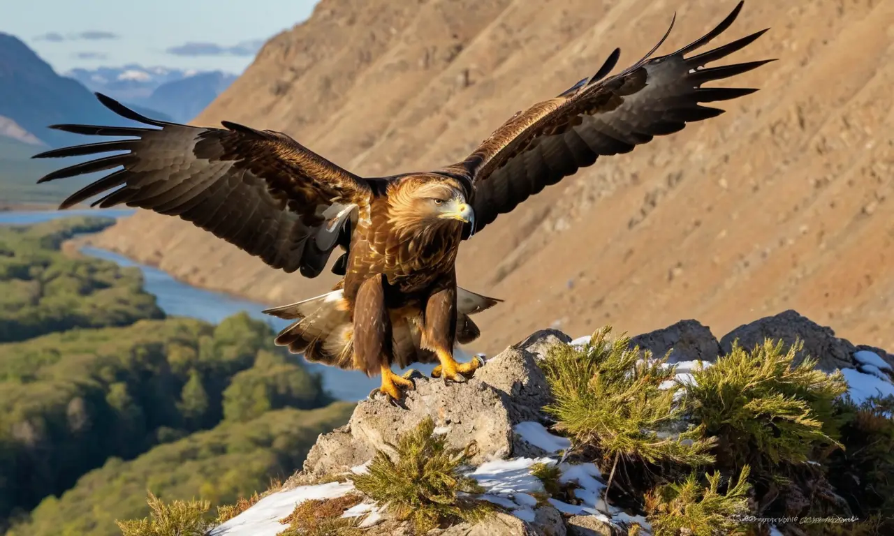 Águila dorada vuela sobre un paisaje amenazado