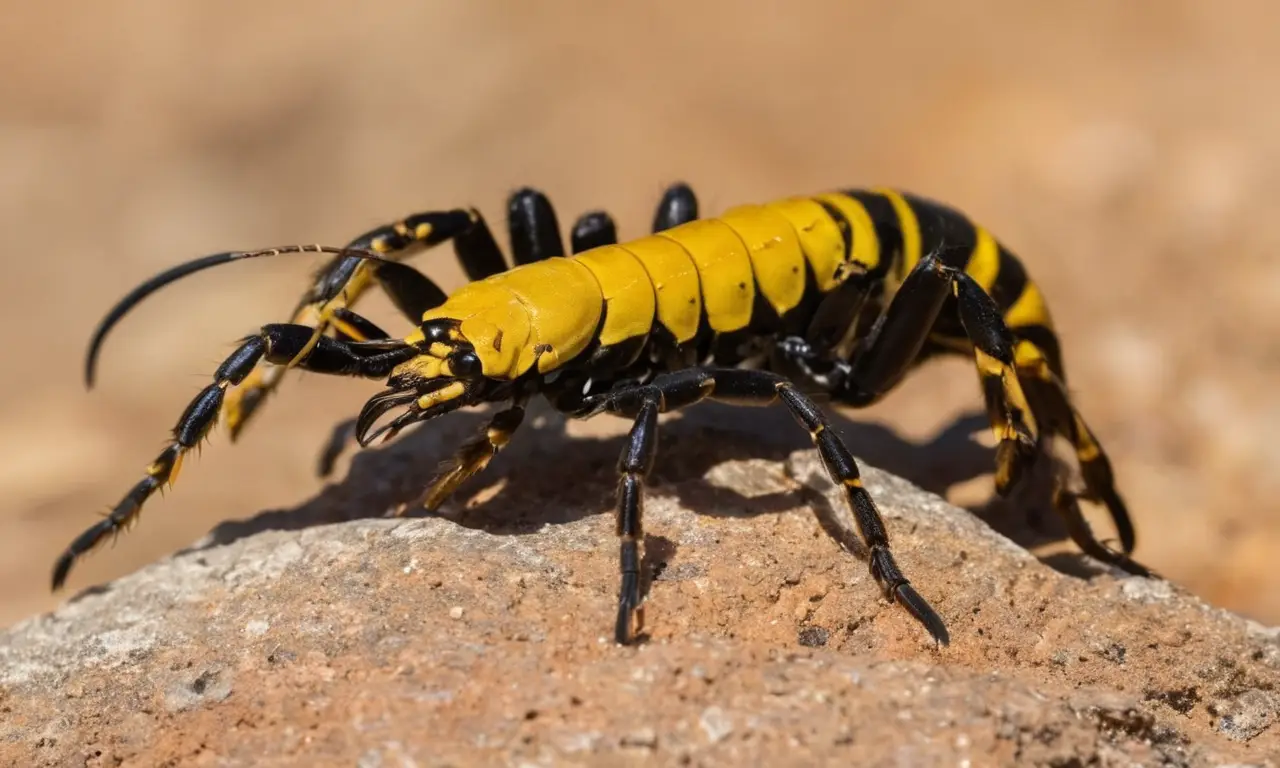 Escorpión negro brillando en un paisaje vibrante