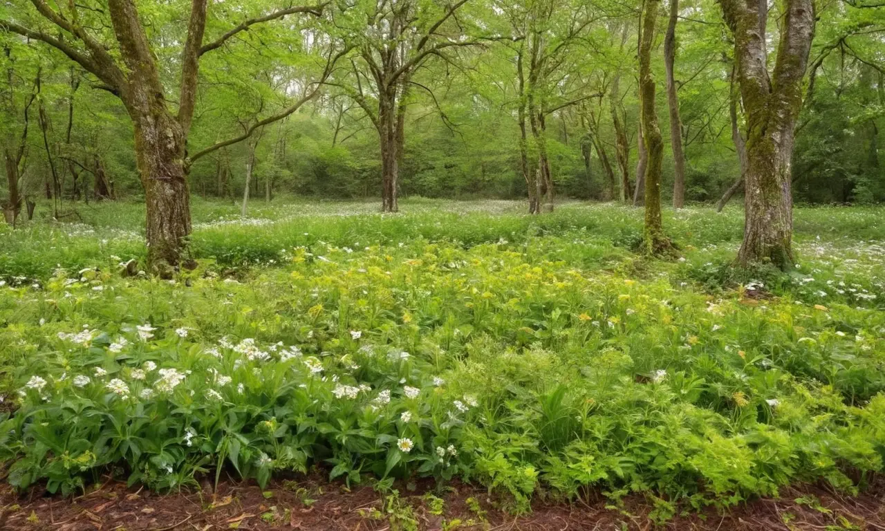 Campo verde con diversas plantas y flores