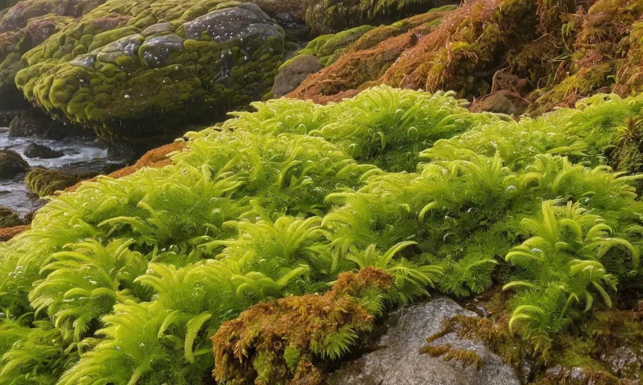 Escena serena de musgo irlandés y mar