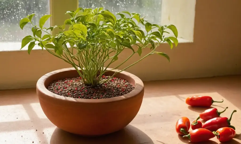 Cocina luminosa con semillas y plántula verde