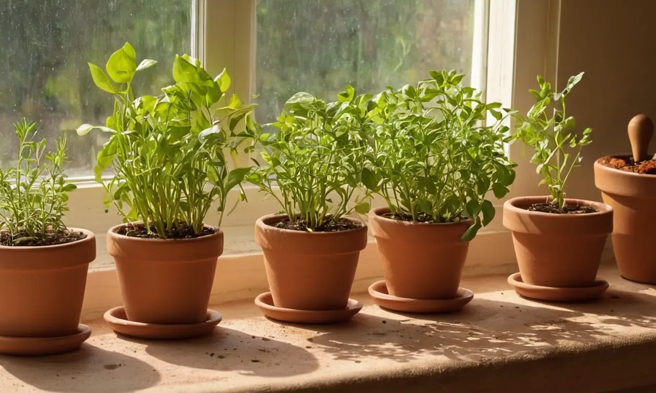 Cocina cálida con plantas y herramientas de jardinería