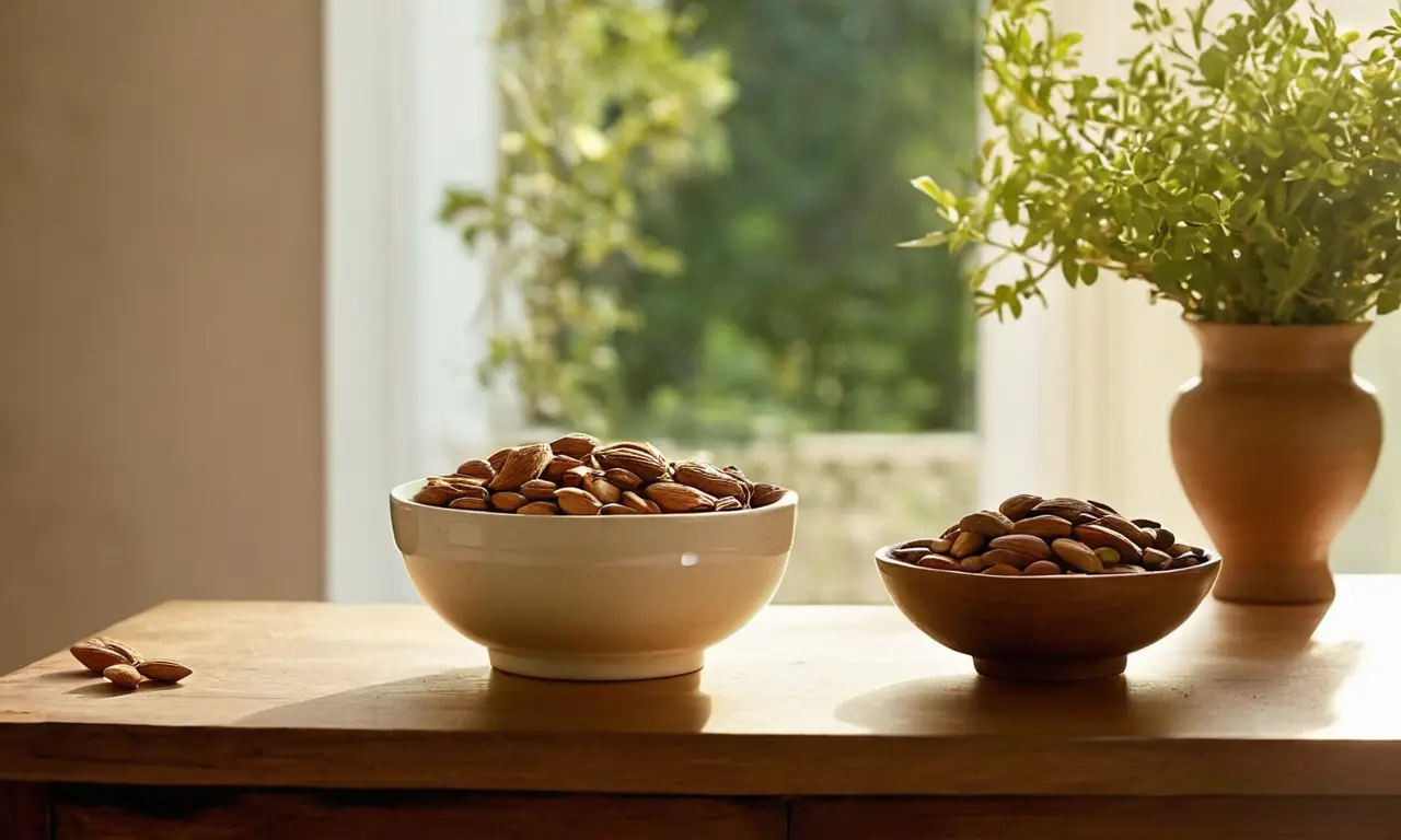 Mesa rústica con almendras y luz cálida