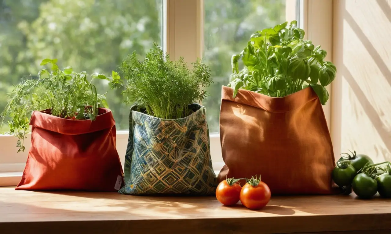 Bolsas de tela coloridas con verduras frescas