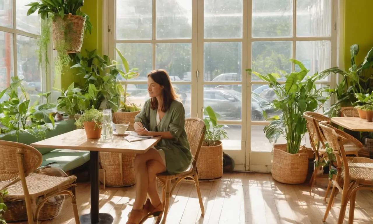 Café luminoso y acogedor con detalles naturales
