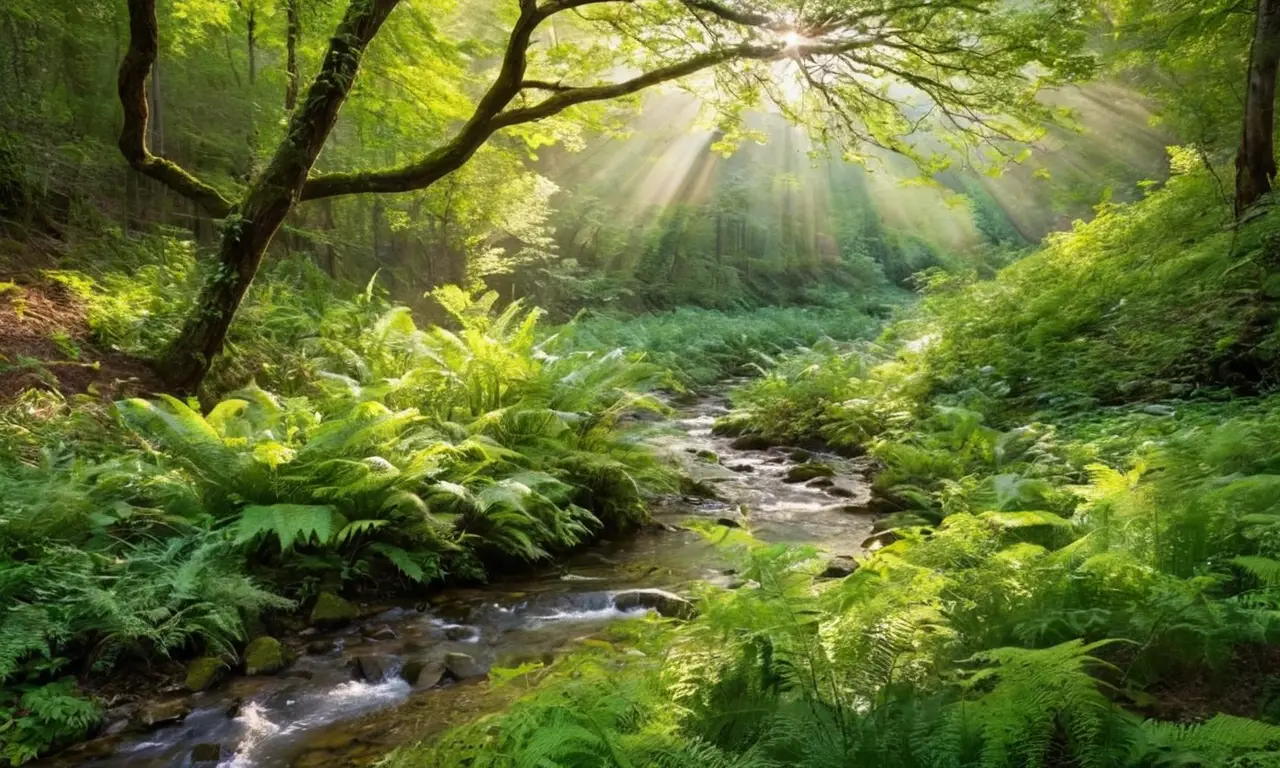 Un paisaje verde con flora diversa y tranquila