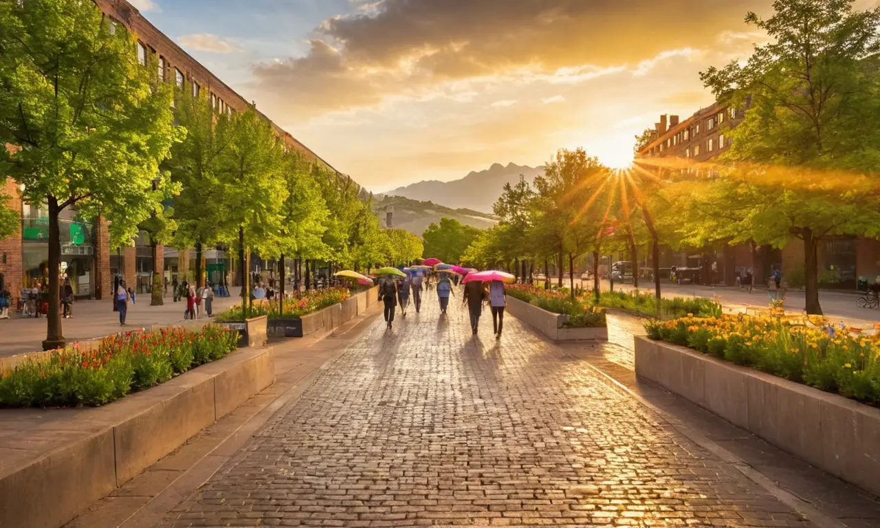 Ciudad vibrante con arquitectura y naturaleza