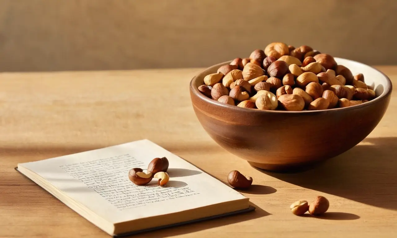 Mesa de madera con nueces y libro