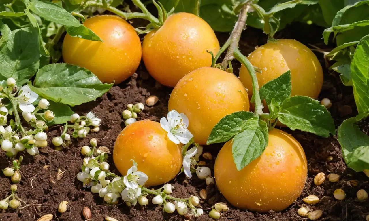 Un jardín vibrante con frutas y flores