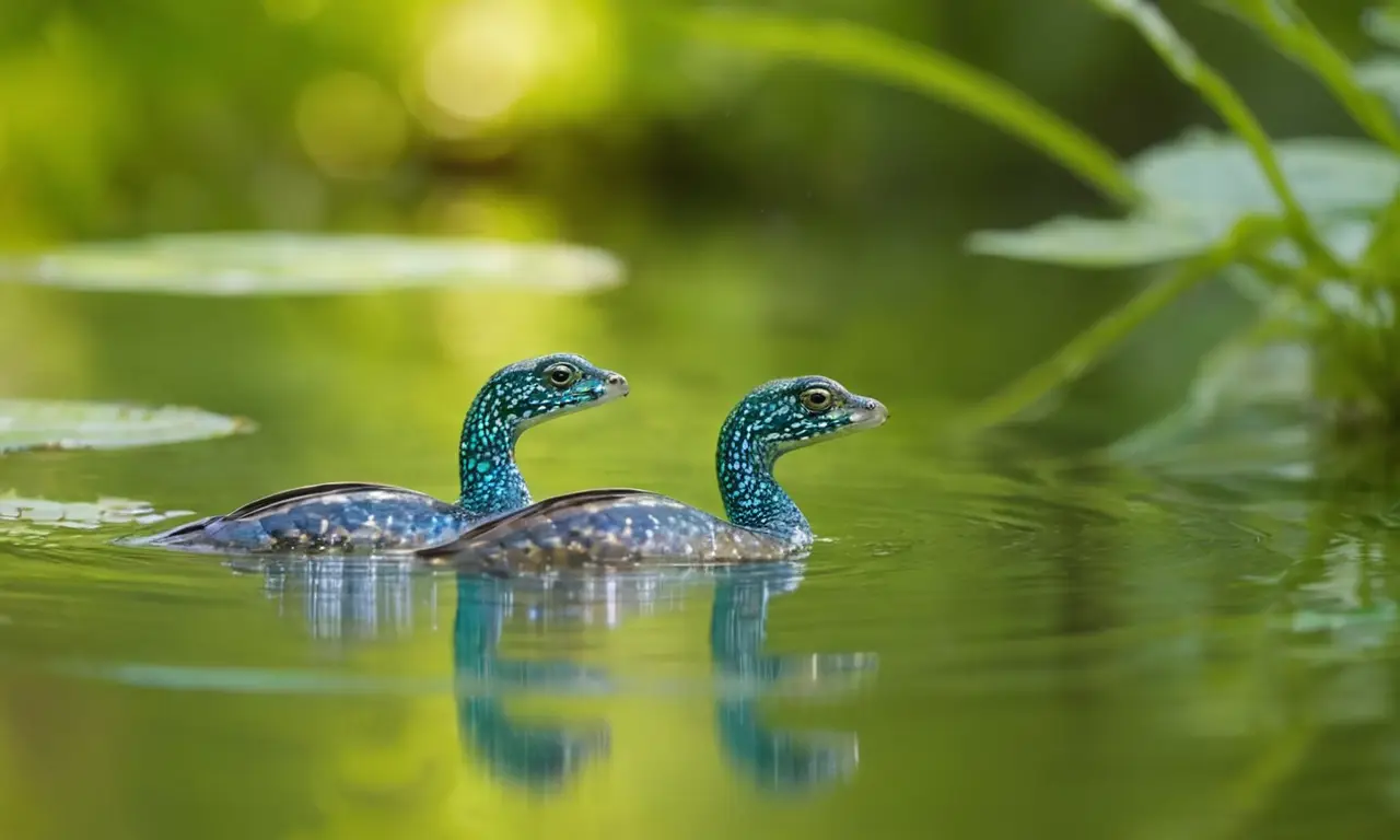 Entorno acuático sereno con reptiles deslizándose
