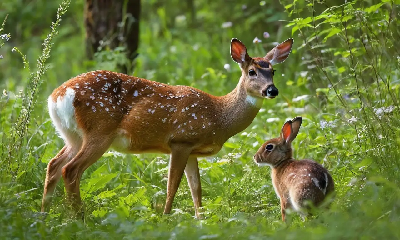 Claroscuro en un bosque con ciervo y conejo